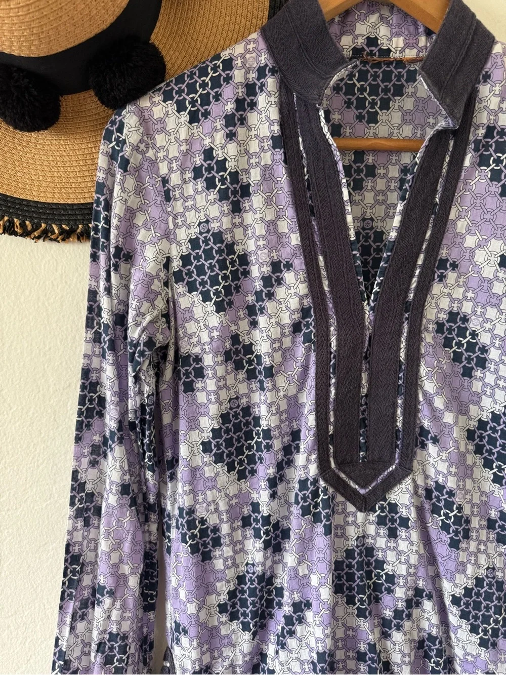 Tory Burch Lightweight Cotton Purple Geometric Chain Logo Print Tunic Top